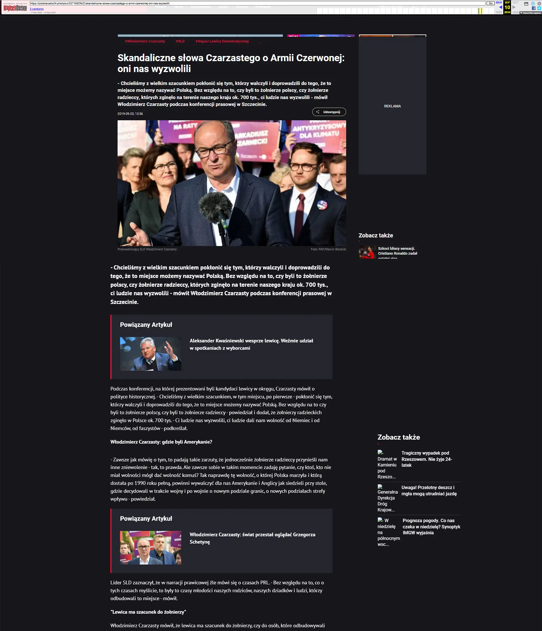 Screenshot artykułu Polskie Radio 24 – Skandaliczne słowa Czarzastego o Armii Czerwonej